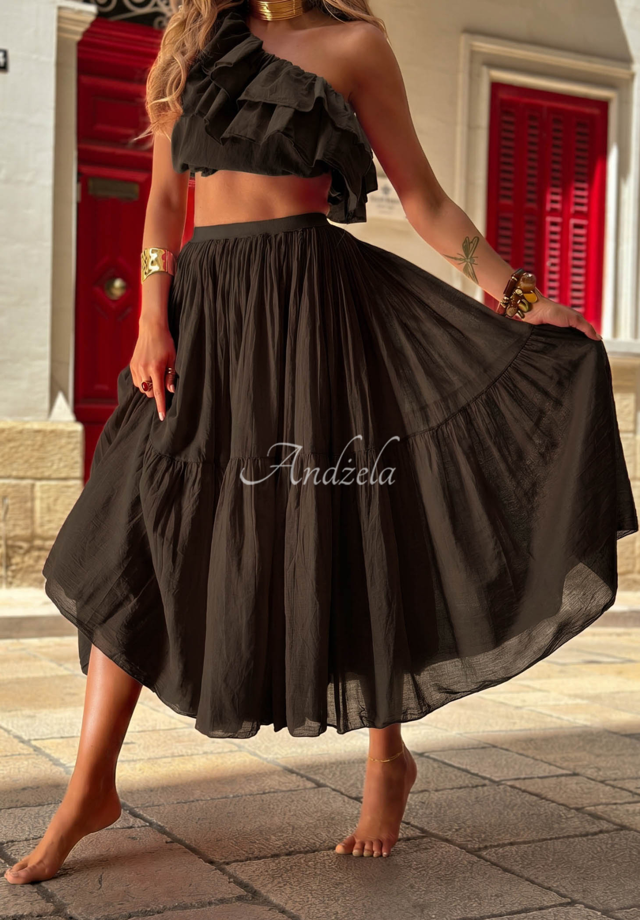 Fustă maxi din bumbac cu talie elastică Malta Romance Flame