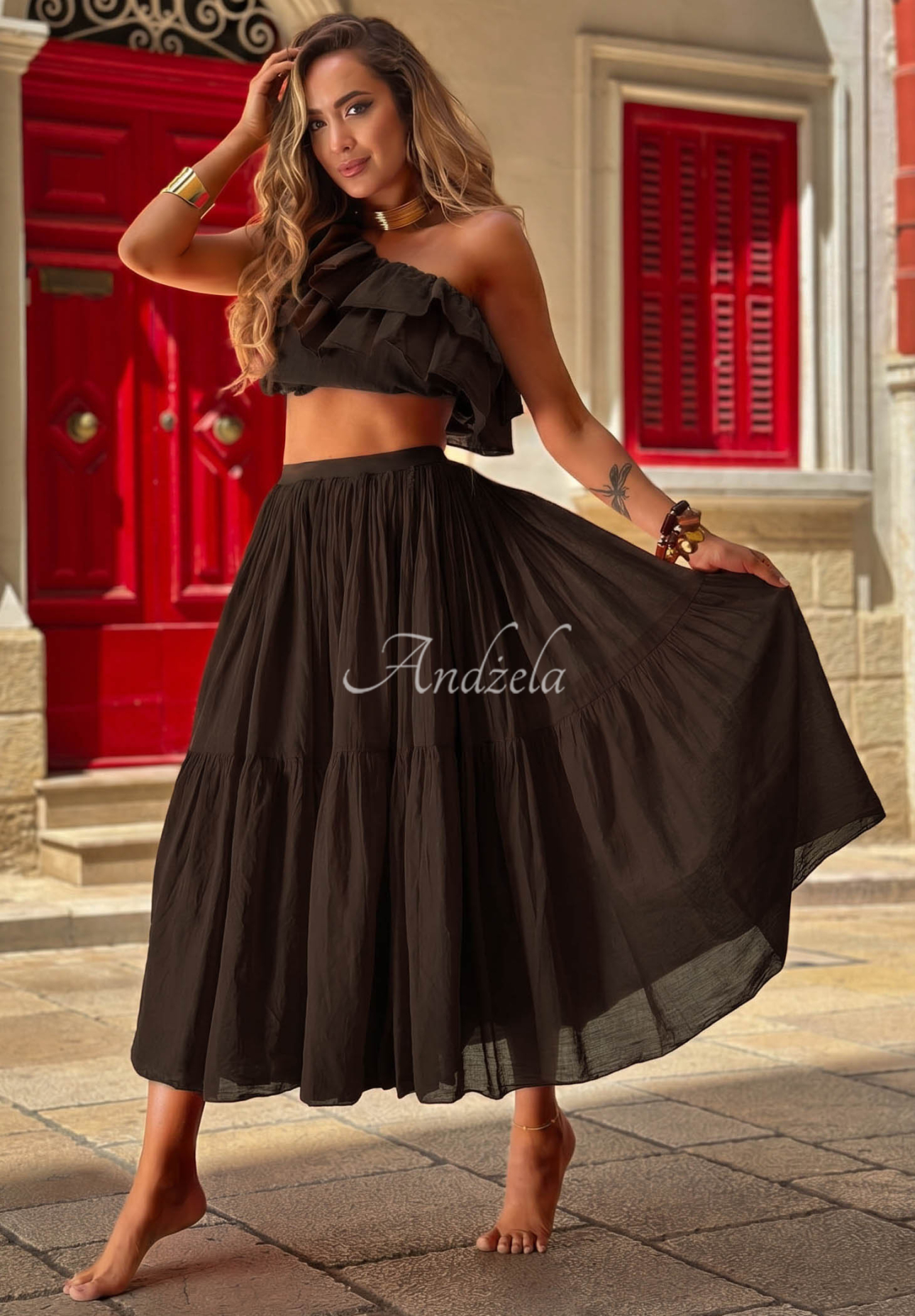Fustă maxi din bumbac cu talie elastică Malta Romance Flame