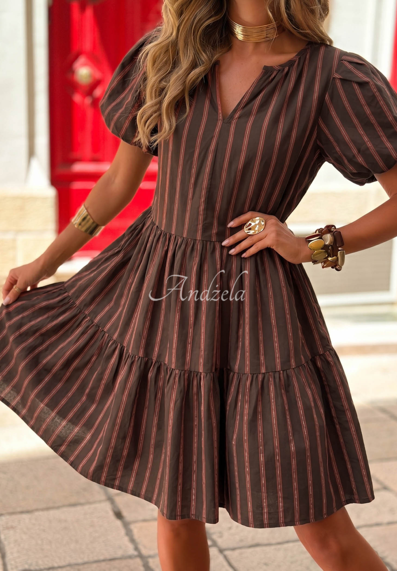 Rochie din bumbac cu mâneci bufante în dungi Malta Romance Heat