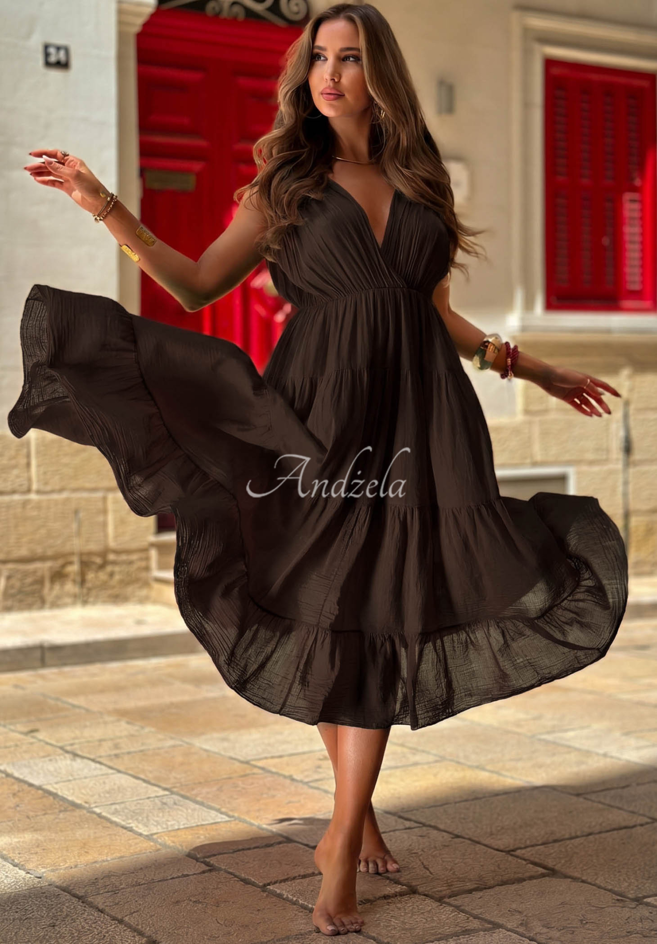 Rochie midi din bumbac cu bretele și volănașe Malta Romance Flame