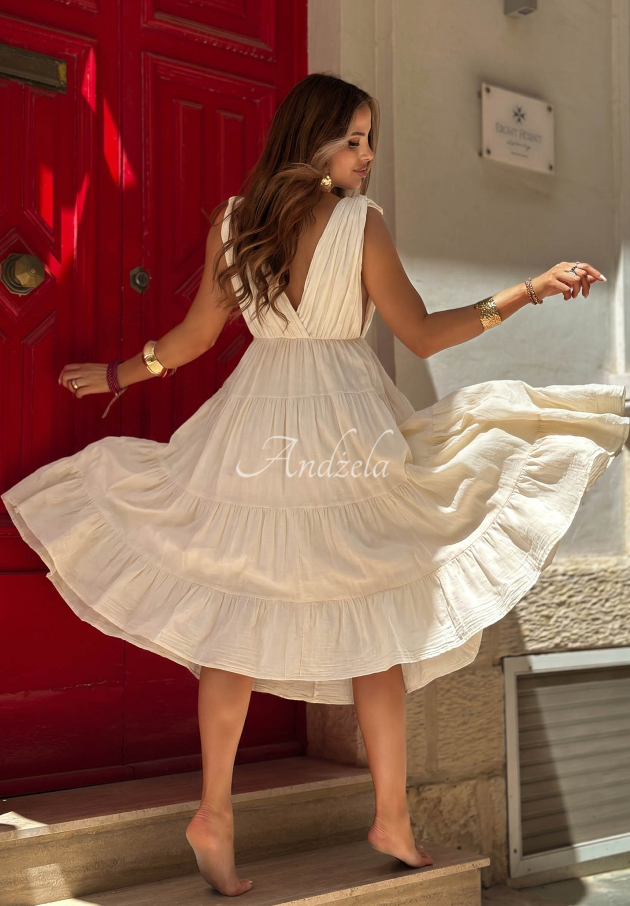 Rochie midi din bumbac cu bretele și volănașe Malta Romance Flame