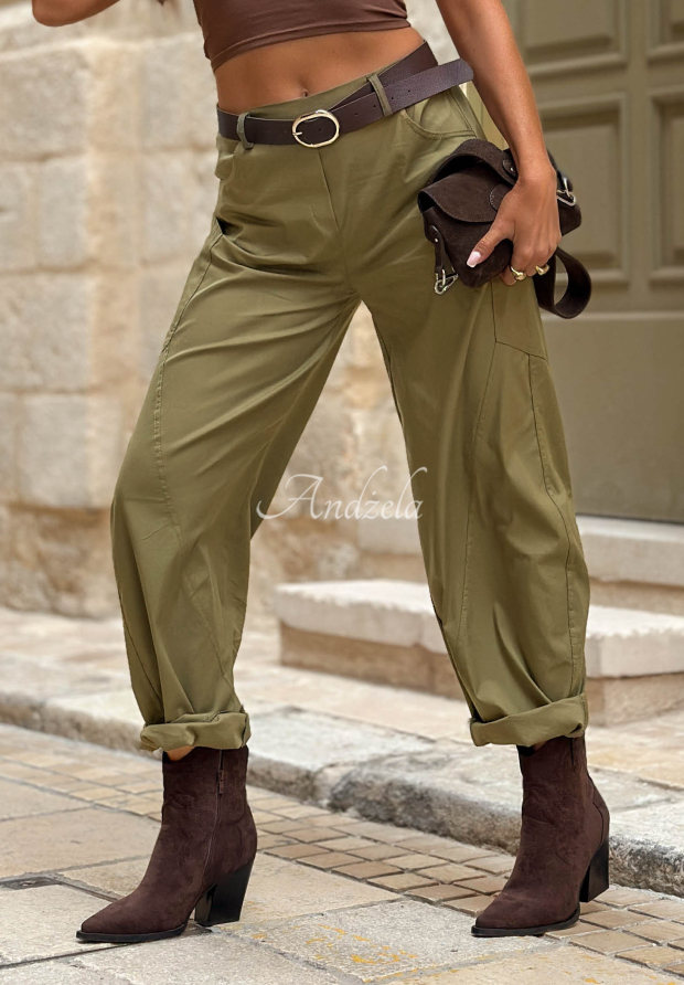 Pantaloni banana din bumbac cu curea Sun Palm