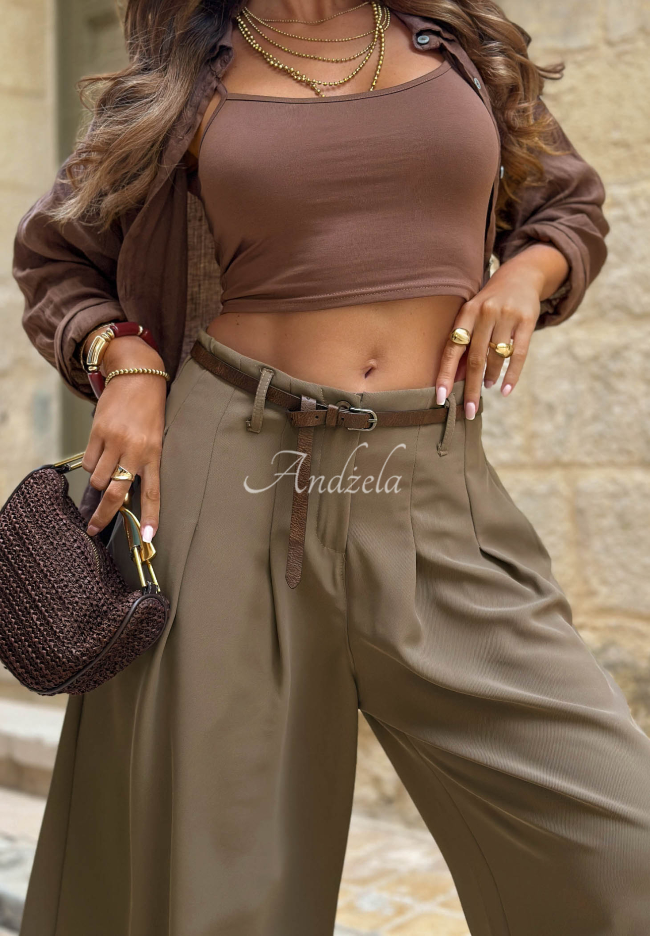 Pantaloni din material wide leg cu curea Verde Avenue
