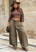 din material textil Pantaloni wide leg z paskiem Verde Avenue măslinie