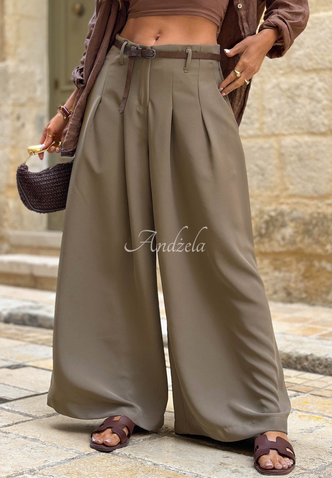 Pantaloni din material wide leg cu curea Verde Avenue