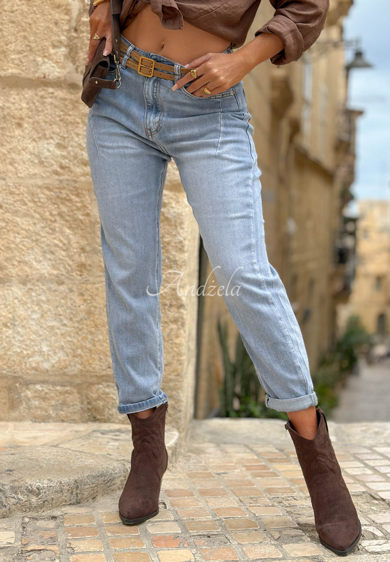 Pantaloni din denim mom cu curea Denim Touch