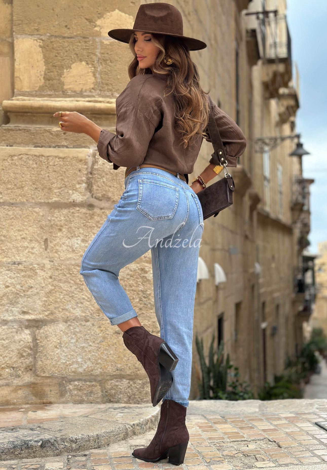 Pantaloni din denim mom cu curea Denim Touch