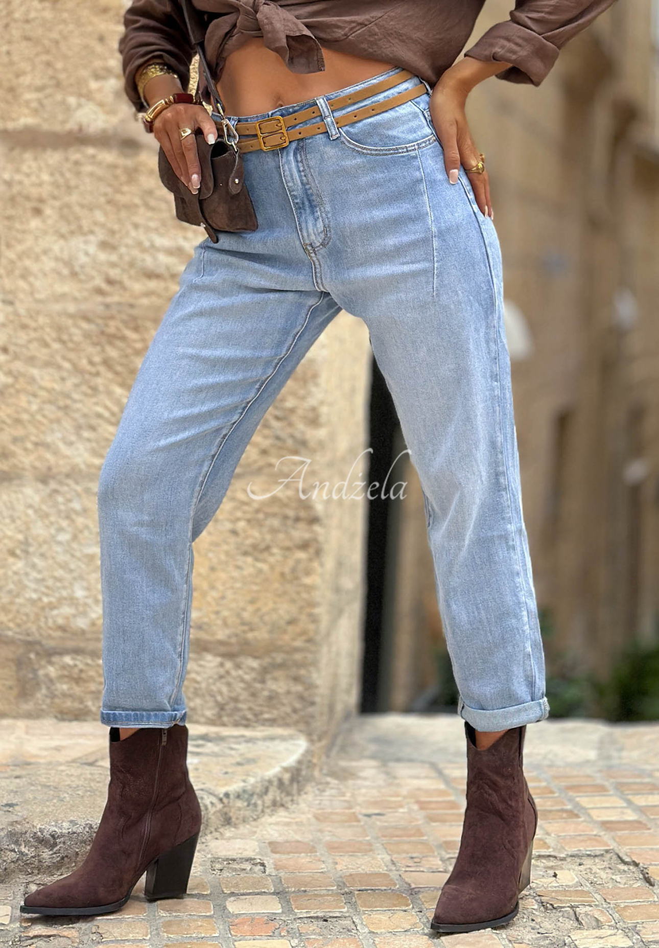 Pantaloni din denim mom cu curea Denim Touch