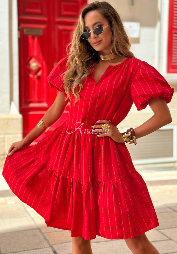 Rochie din bumbac cu m&acirc;neci bufante &icirc;n dungi Malta Romance Heat