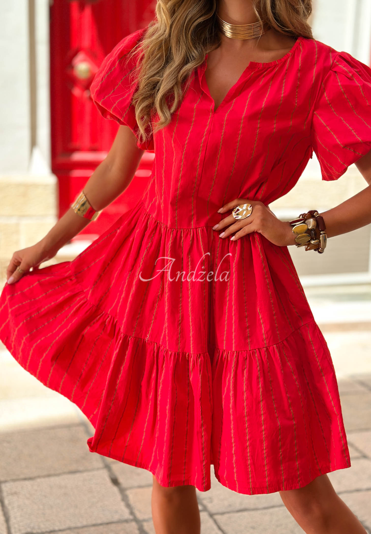 Rochie din bumbac cu mâneci bufante în dungi Malta Romance Heat