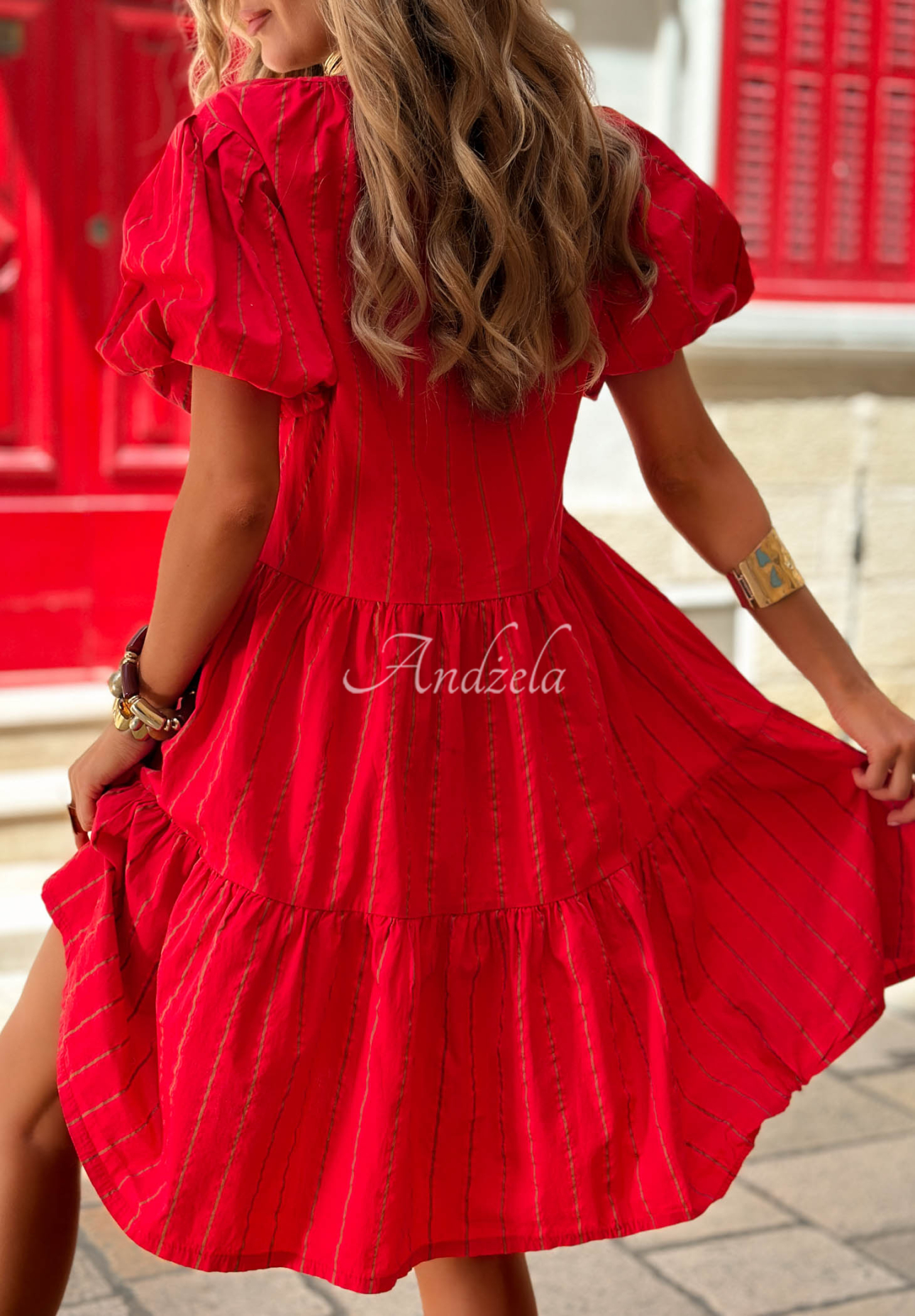 Rochie din bumbac cu mâneci bufante în dungi Malta Romance Heat