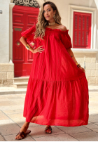Rochie Cu croială spaniolă maxi w paski Sunny Twist czerwono-ciocolatie