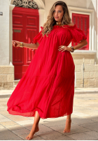 Rochie Cu croială spaniolă maxi w paski Sunny Twist czerwono-ciocolatie
