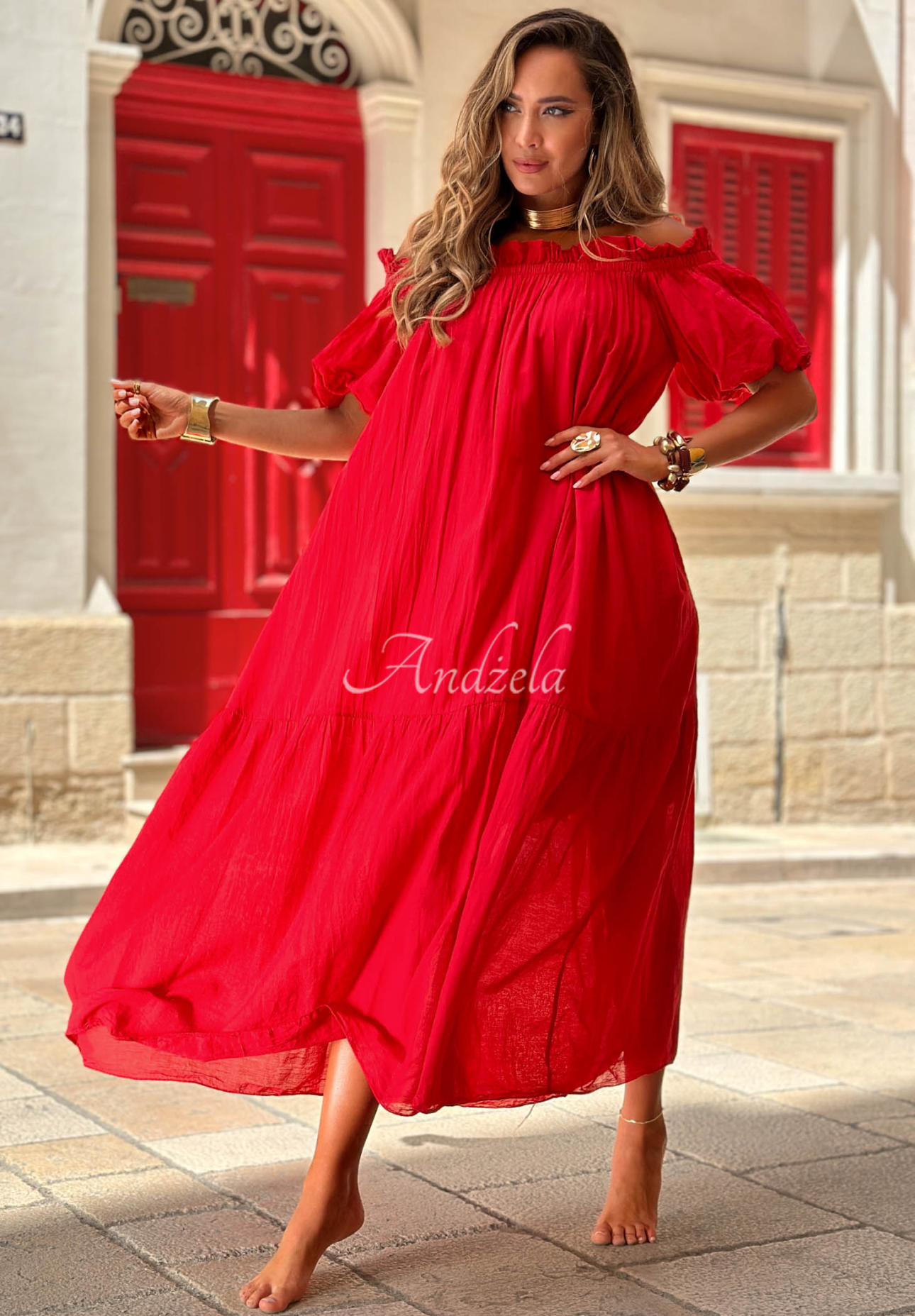 Rochie spaniolă maxi din bumbac cu volănașe Malta Romance Flame