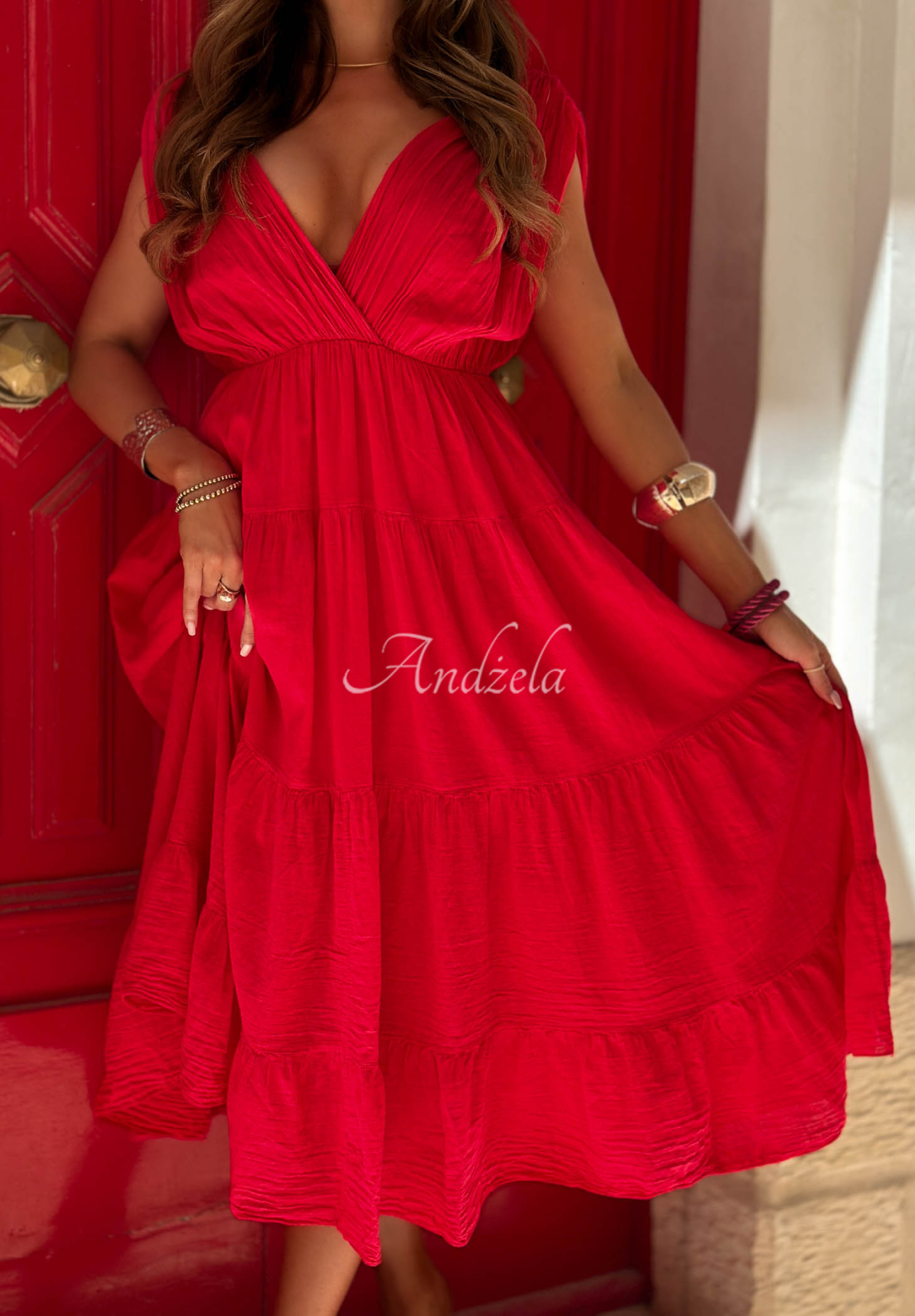 Rochie midi din bumbac cu bretele și volănașe Malta Romance Flame