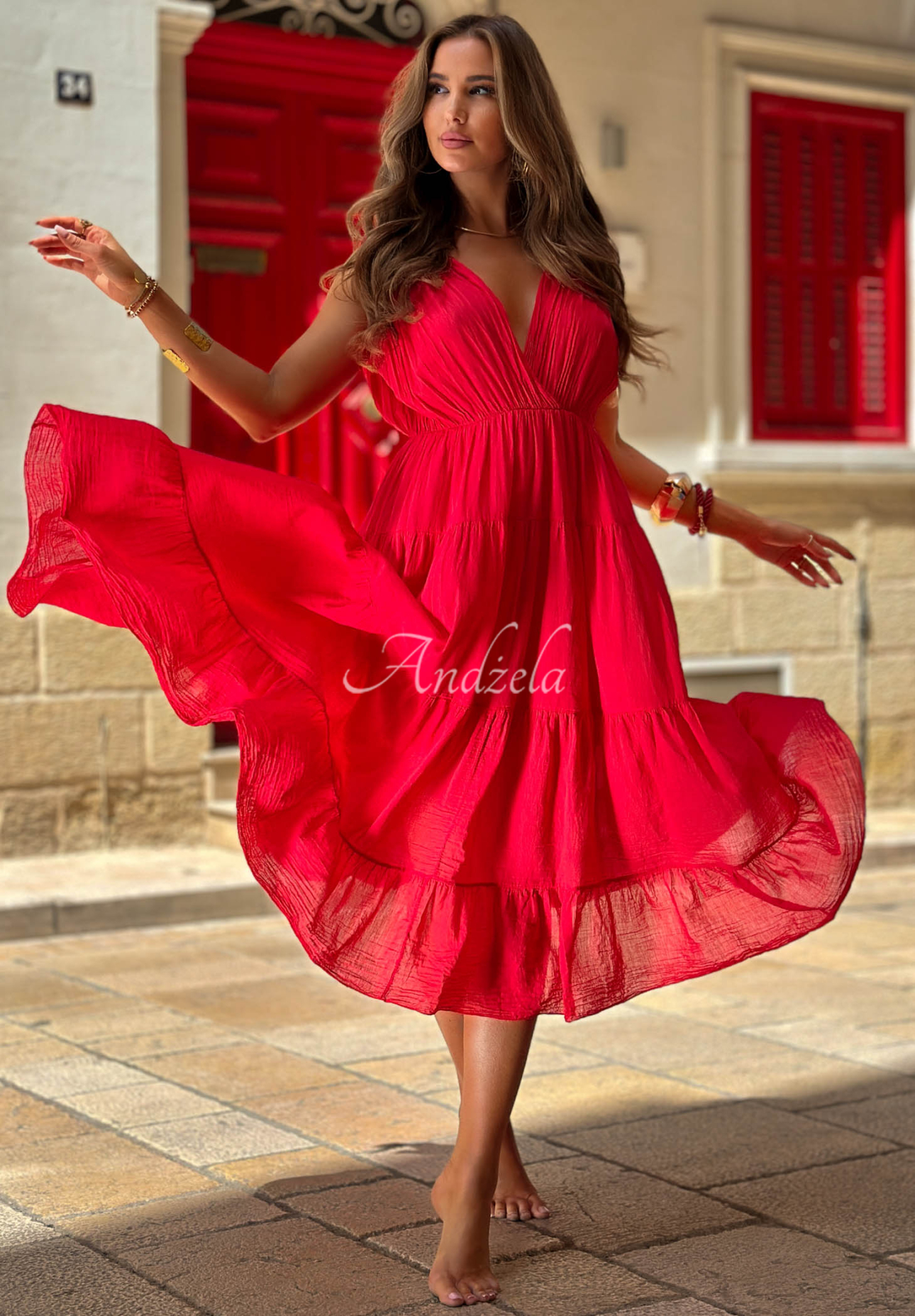 Rochie midi din bumbac cu bretele și volănașe Malta Romance Flame