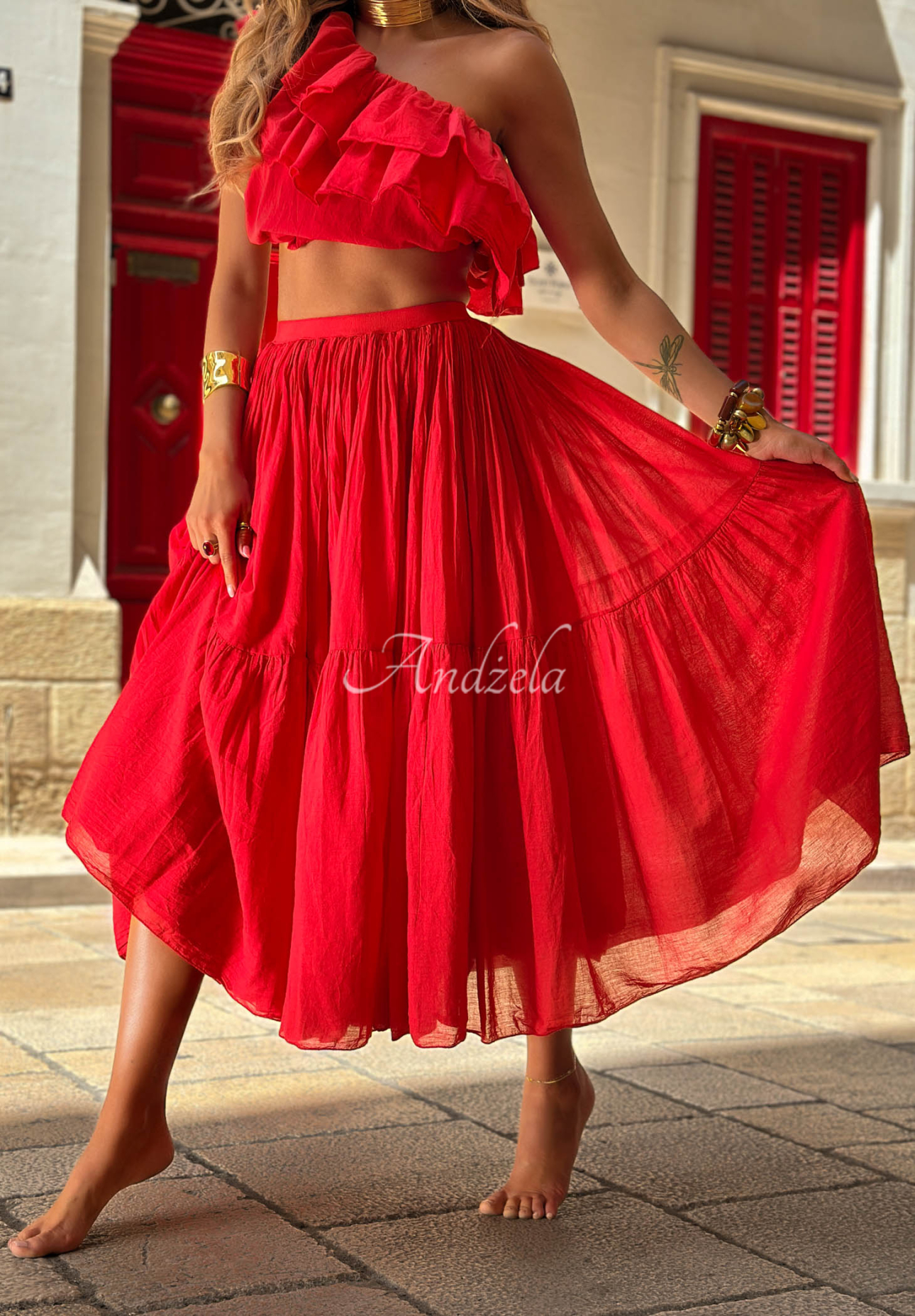 Fustă maxi din bumbac cu talie elastică Malta Romance Flame