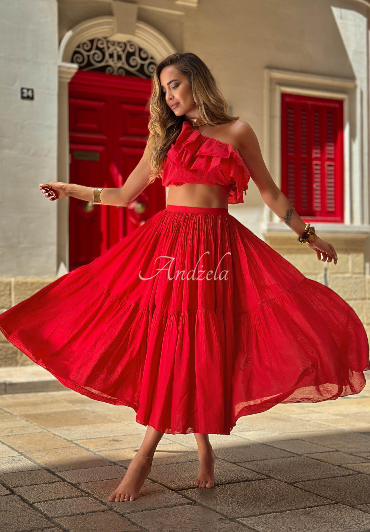 Fustă maxi din bumbac cu talie elastică Malta Romance Flame