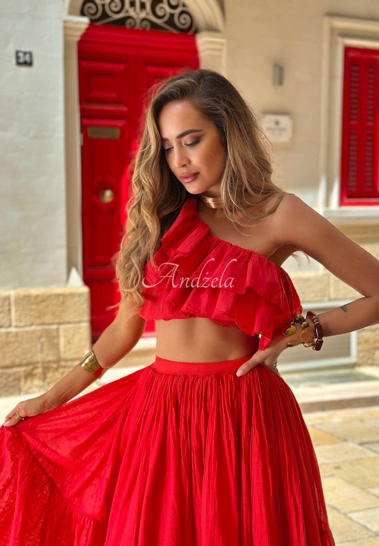 Bluză asimetrică din bumbac cu volănașe Malta Romance Flame