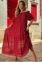 Rochie Cu croială spaniolă maxi w paski Sunny Twist czerwono-ciocolatie