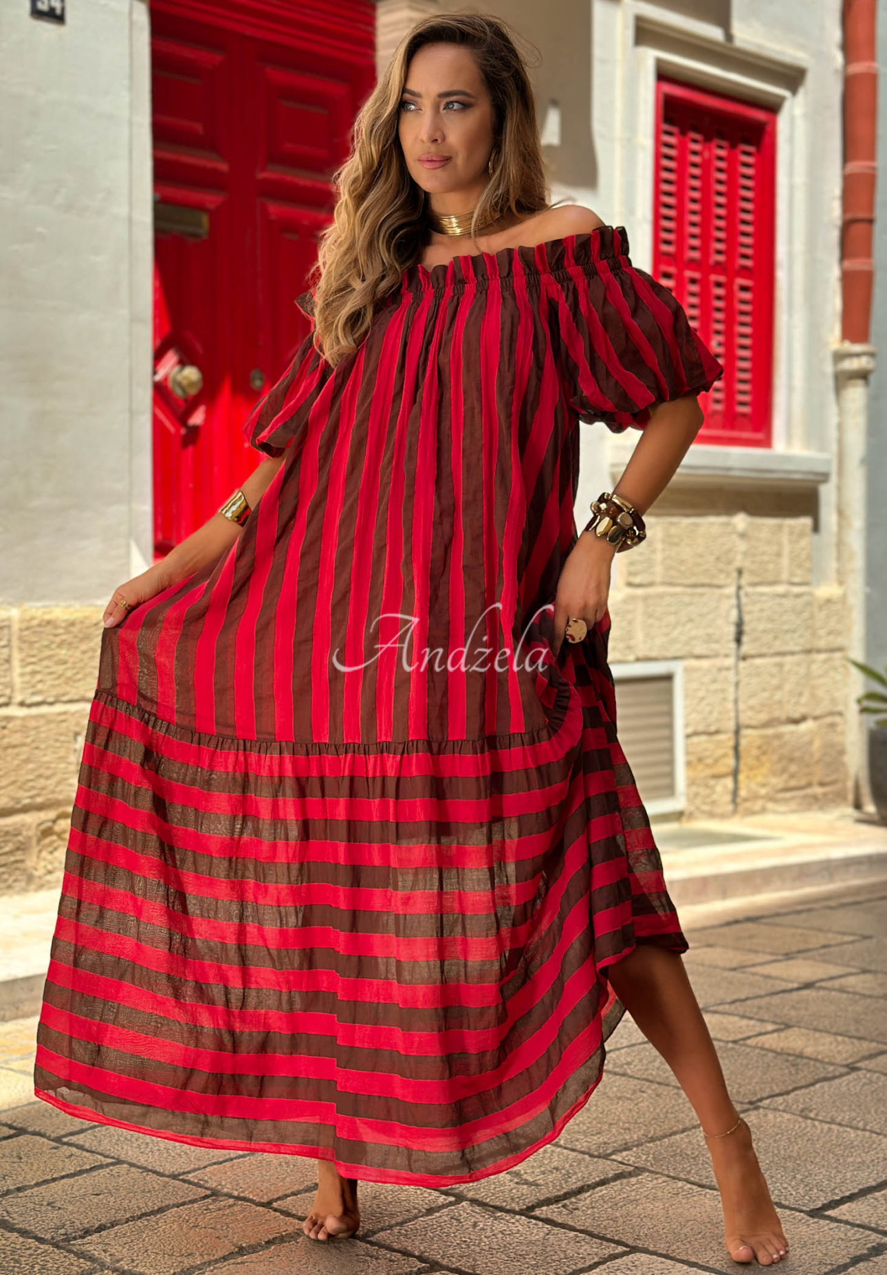 Rochie spaniolă maxi din bumbac în dungi Malta Romance Delizia