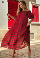 Rochie Cu croială spaniolă maxi w paski Sunny Twist czerwono-ciocolatie