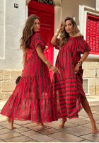Rochie Cu croială spaniolă maxi w paski Sunny Twist czerwono-ciocolatie