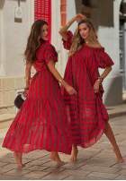 Rochie Cu croială spaniolă maxi w paski Sunny Twist czerwono-ciocolatie