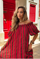 Rochie Cu croială spaniolă maxi w paski Sunny Twist czerwono-ciocolatie