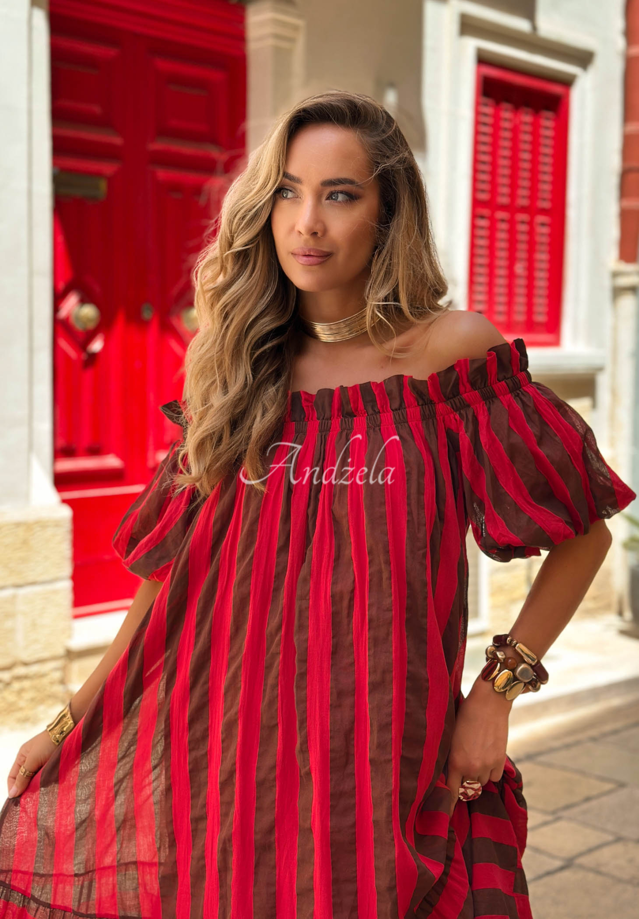 Rochie spaniolă maxi din bumbac în dungi Malta Romance Delizia