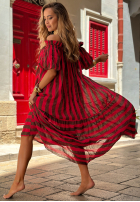 Rochie Cu croială spaniolă maxi w paski Sunny Twist czerwono-ciocolatie