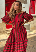 Rochie Cu croială spaniolă maxi w paski Sunny Twist czerwono-ciocolatie