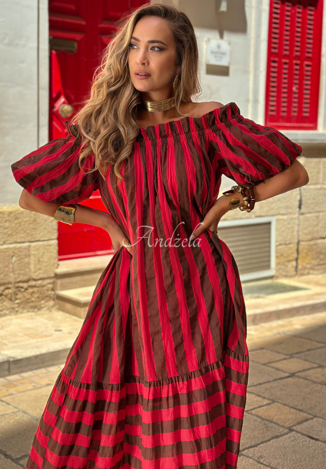 Rochie spaniolă maxi din bumbac în dungi Malta Romance Delizia