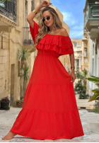 Rochie maxi Cu croială spaniolă z falbankami Santa Ritta albă
