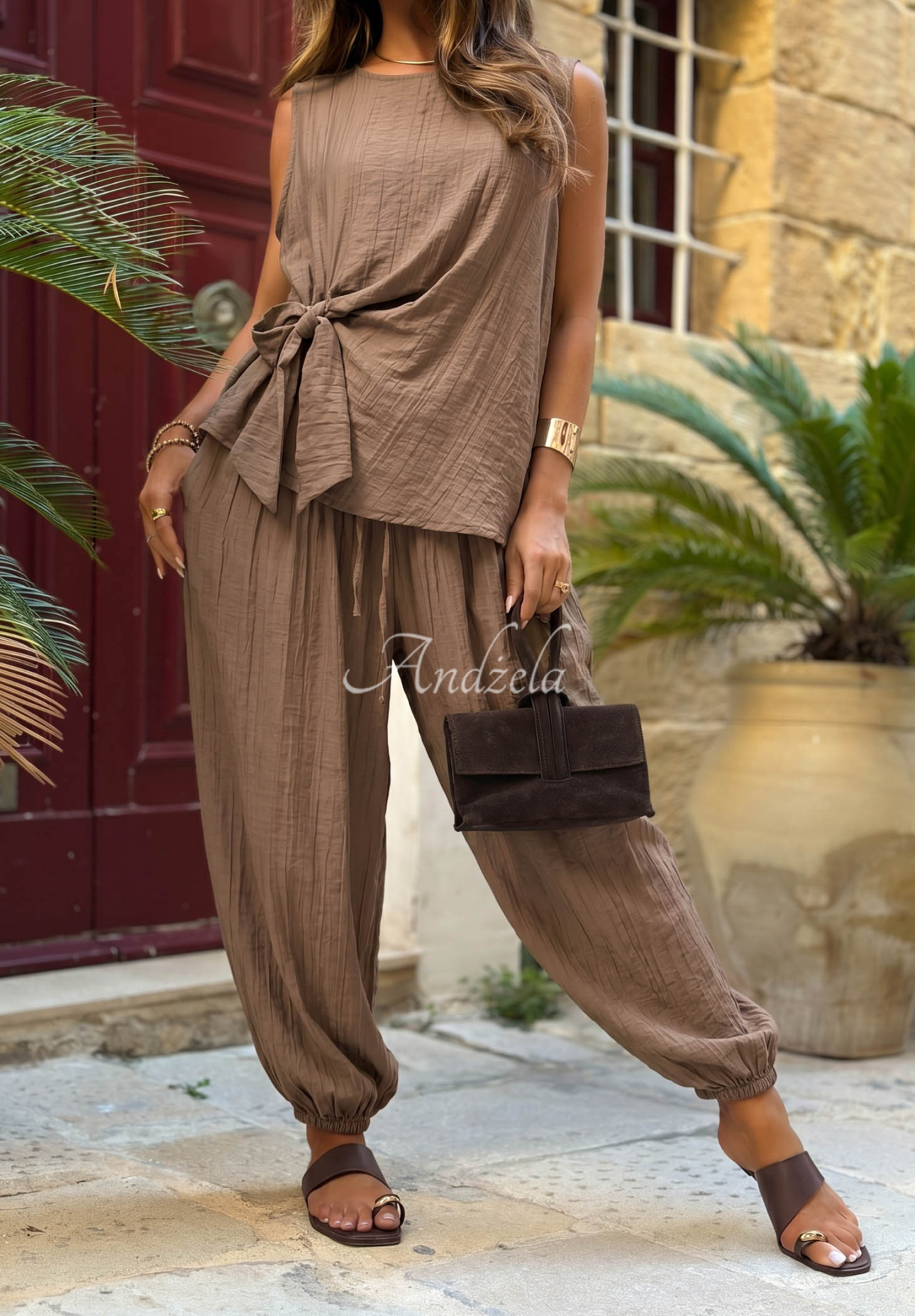 Set din viscoză bluză cu legare și pantaloni jogger Sun Elegance