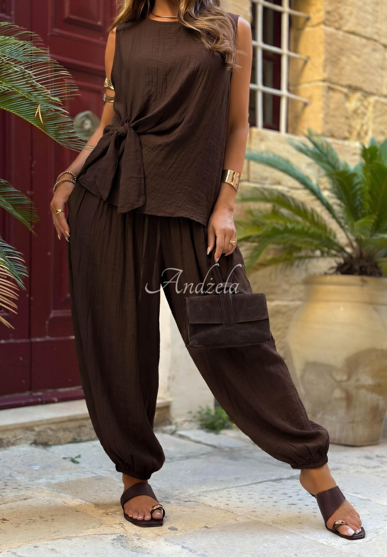 Set din viscoză bluză cu legare și pantaloni jogger Sun Elegance