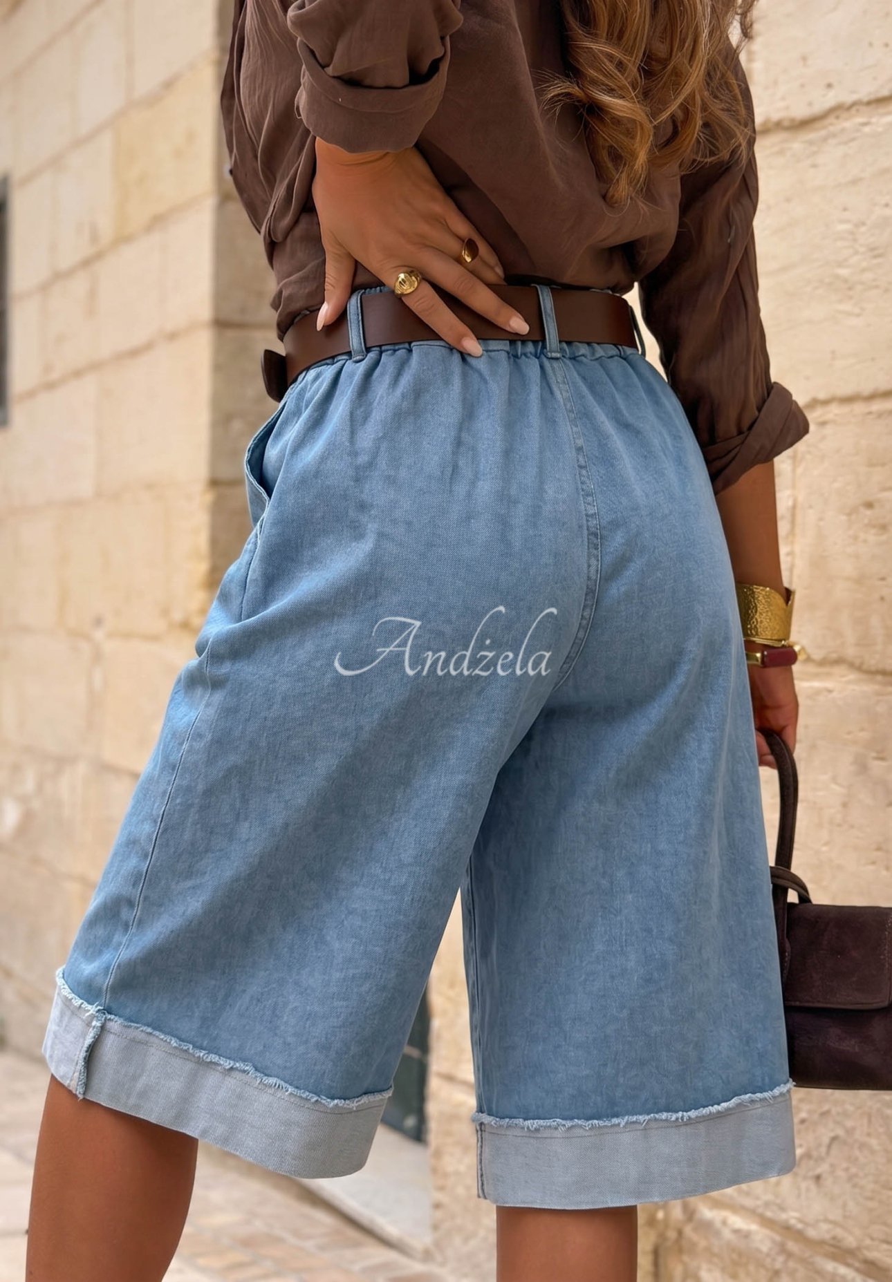 Pantaloni scurți din denim tip bermude cu curea Azure Essence