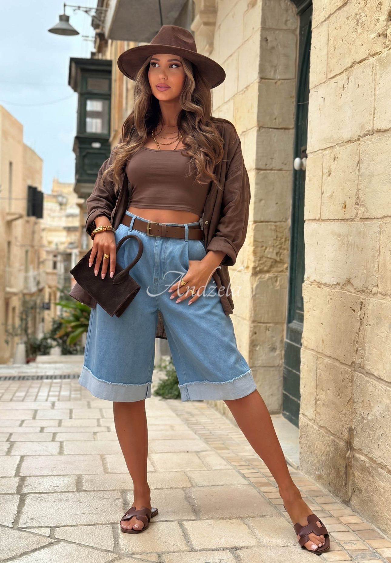 Pantaloni scurți din denim tip bermude cu curea Azure Essence