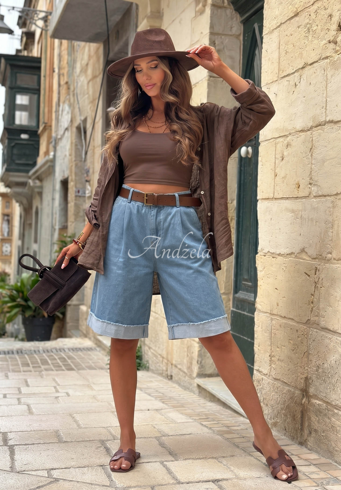 Pantaloni scurți din denim tip bermude cu curea Azure Essence
