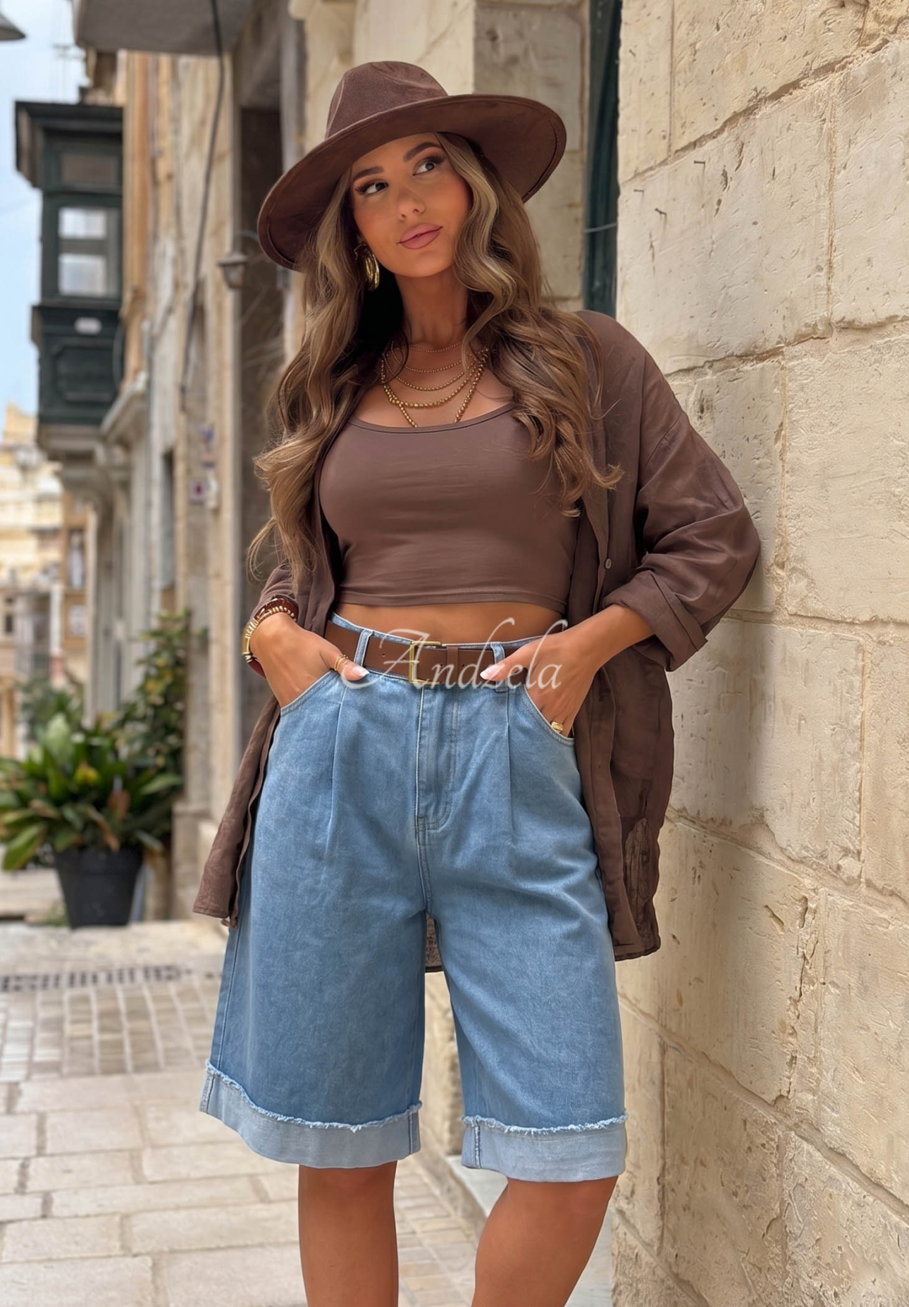 Pantaloni scurți din denim tip bermude cu curea Azure Essence