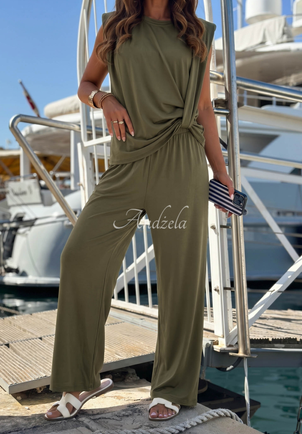Set bluză cu nod și pantaloni wide leg din lyocell Basic Sun