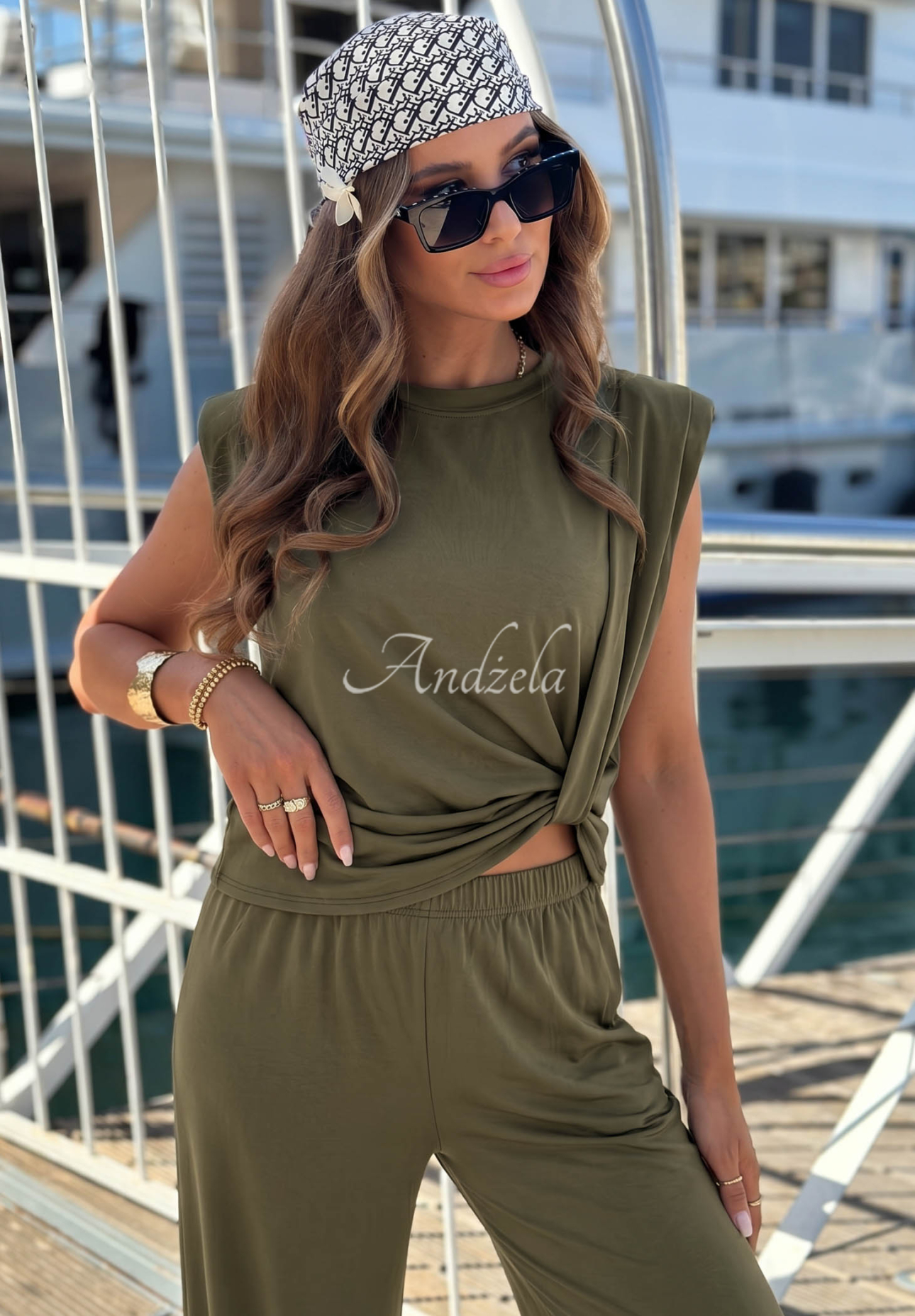 Set bluză cu nod și pantaloni wide leg din lyocell Basic Sun
