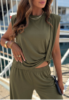 Compleu Bluză z węzłem i Pantaloni wide leg Basic Sun Alb