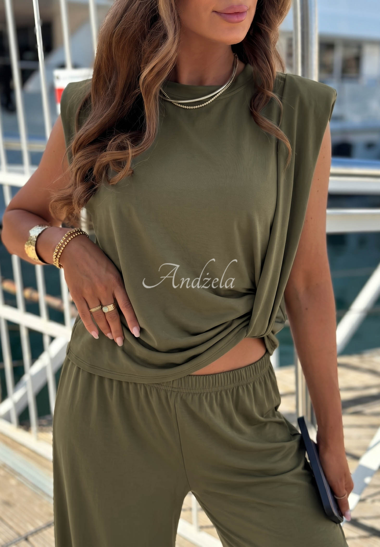 Set bluză cu nod și pantaloni wide leg din lyocell Basic Sun