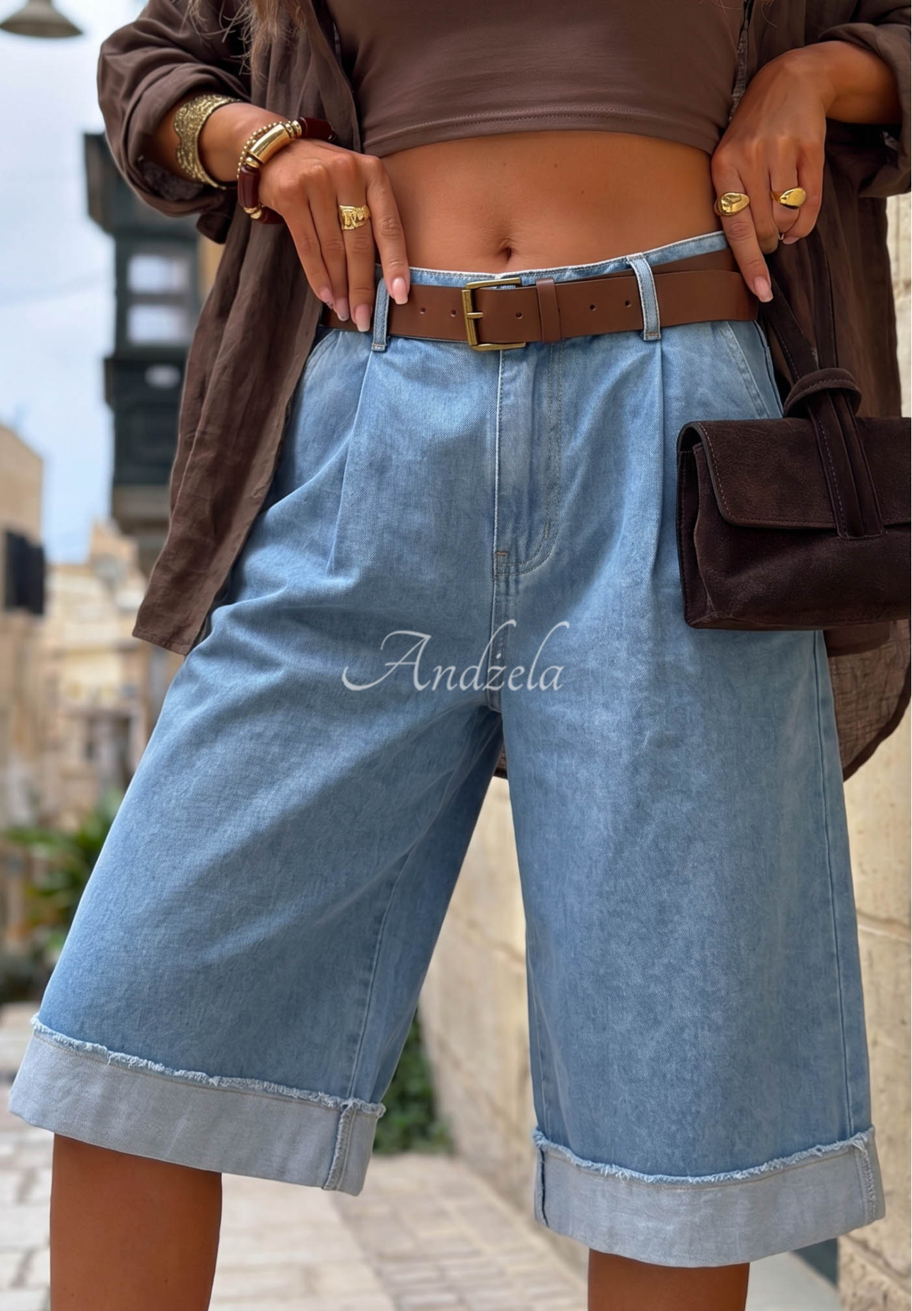 Pantaloni scurți din denim tip bermude cu curea Azure Essence