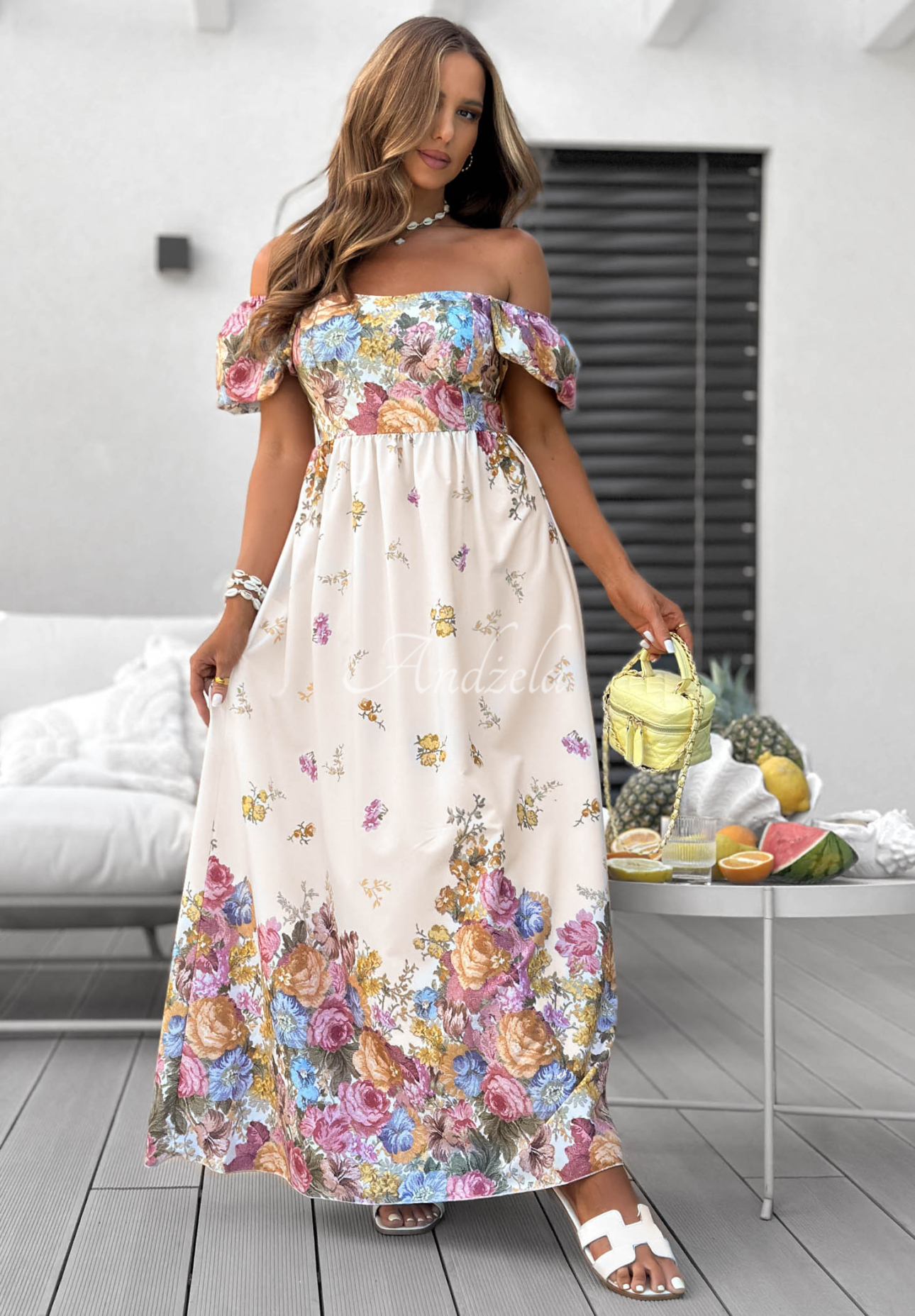 Rochie maxi cu imprimeu floral și mâneci bufante Flori Amori