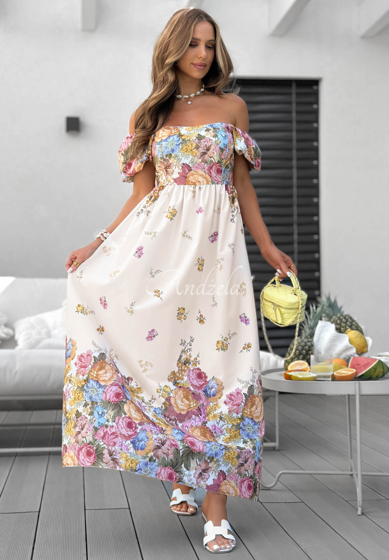 Rochie maxi cu imprimeu floral și mâneci bufante Flori Amori