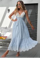 Rochie maxi na ramiączkach z ażurowymi falbankami Seaside Serenity albastru azuriu