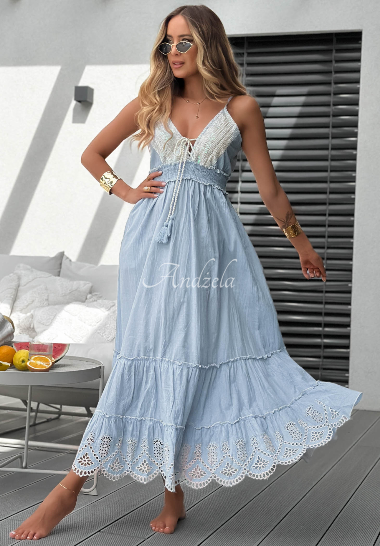 Rochie maxi din bumbac cu bretele și volănașe ajurate Seaside Serenity