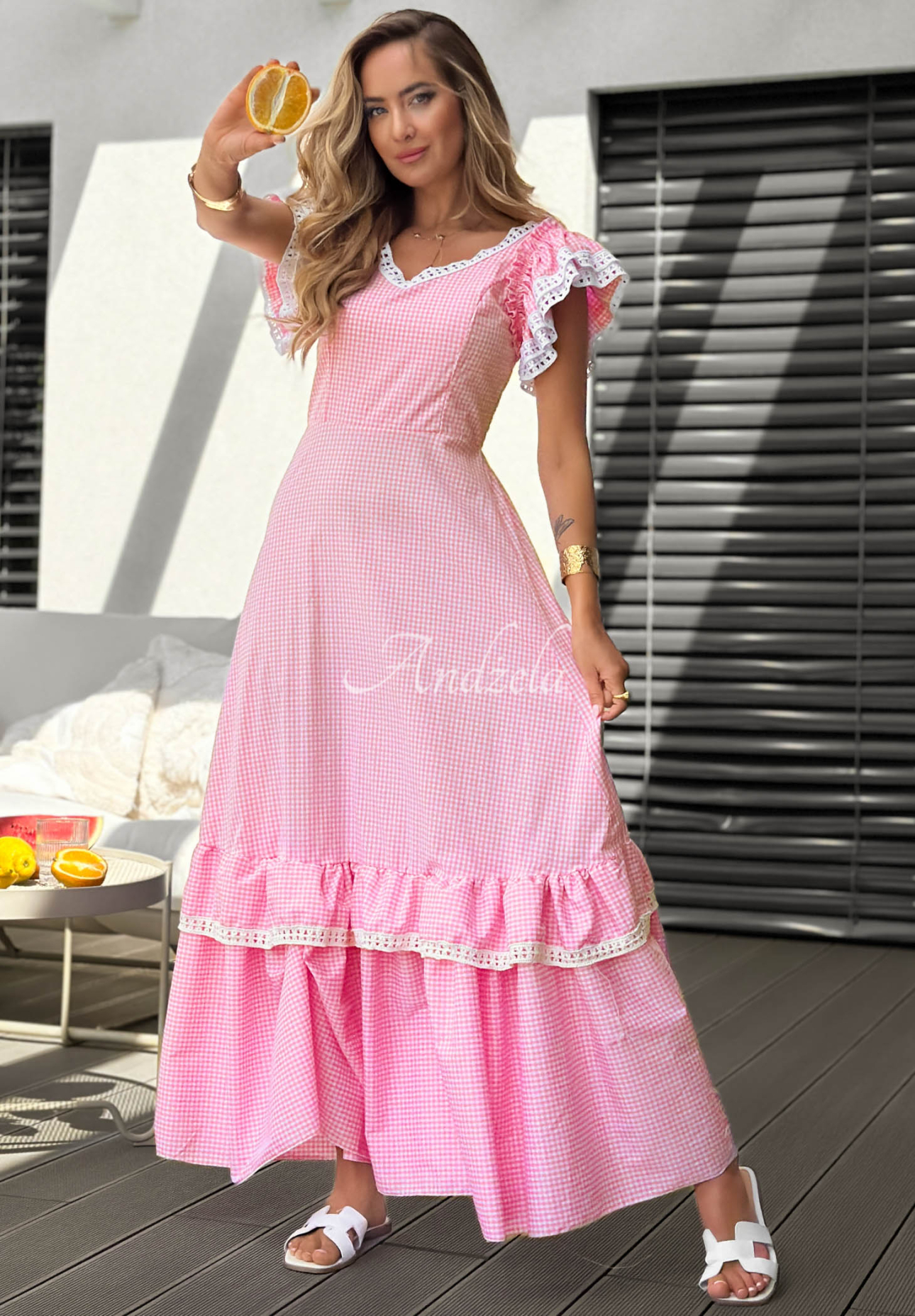 Rochie maxi cu volănașe în carouri Summer Melody